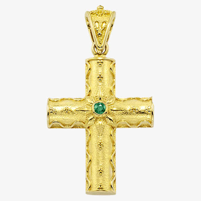 18K Solid Yellow Gold Cross with Sapphire, Emerald or Ruby stone
