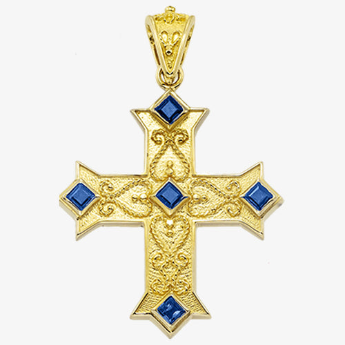 18K Solid Yellow Gold Cross with Sapphire, Emerald or Ruby stones