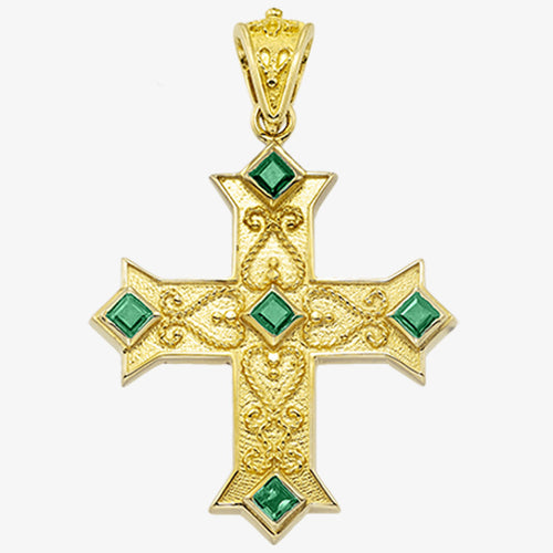 18K Solid Yellow Gold Cross with Sapphire, Emerald or Ruby stones