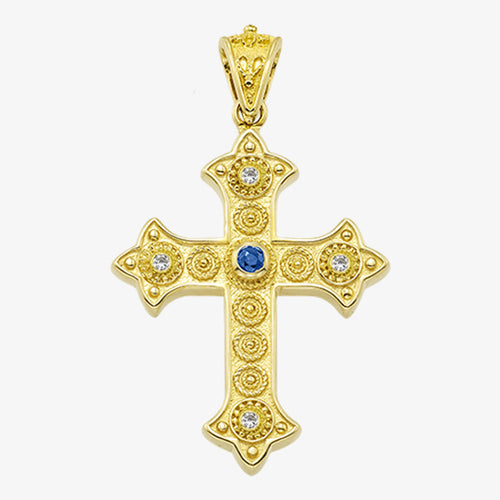 18K Solid Yellow Gold Cross with Sapphire, Emerald or Ruby stone with Diamonds