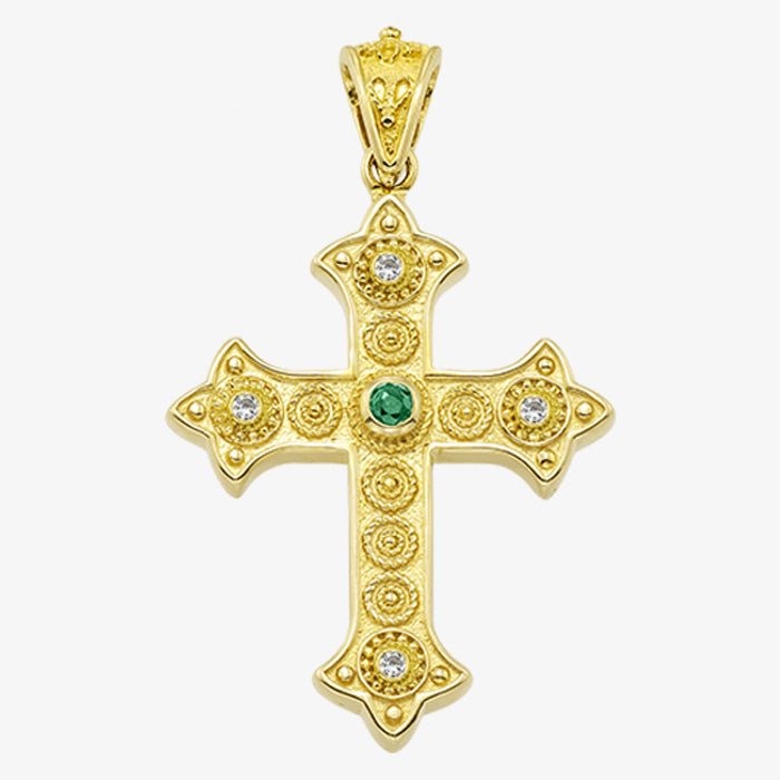 18K Solid Yellow Gold Cross with Sapphire, Emerald or Ruby stone with Diamonds