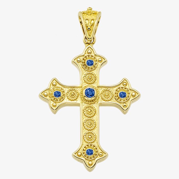 18K Solid Yellow Gold Cross with Sapphire, Emerald or Ruby stones