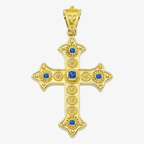 18K Solid Yellow Gold Cross with Sapphire, Emerald or Ruby stones