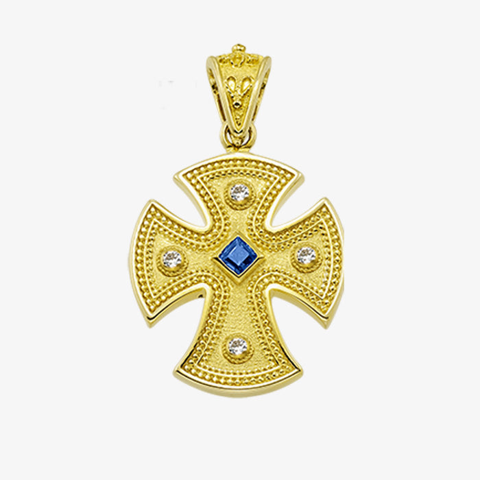 18K Solid Yellow Cross with Sapphire, Emerald or Ruby stone and Diamonds