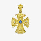 18K Solid Yellow Cross with Sapphire, Emerald or Ruby stone and Diamonds