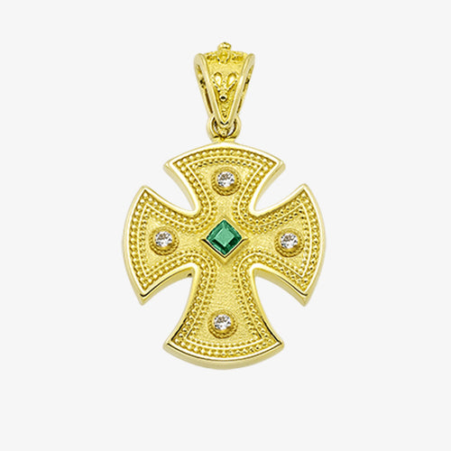 18K Solid Yellow Cross with Sapphire, Emerald or Ruby stone and Diamonds