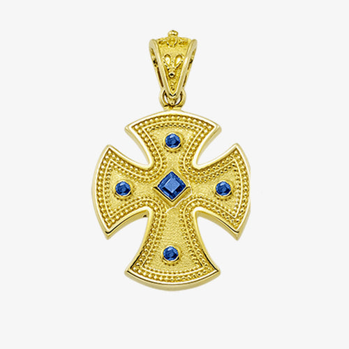18K Solid Yellow Cross with Sapphire, Emerald or Ruby stones