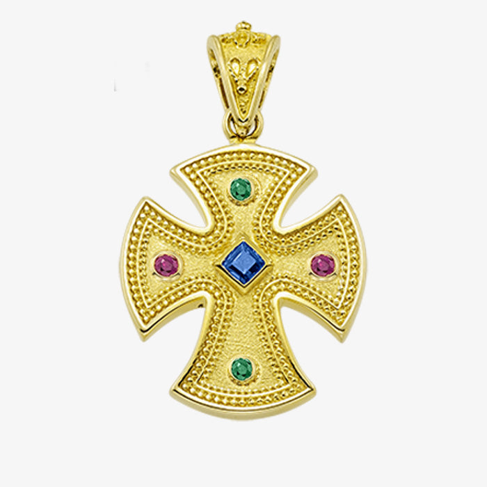 18K Solid Yellow Cross with Sapphire, Emerald or Ruby stones
