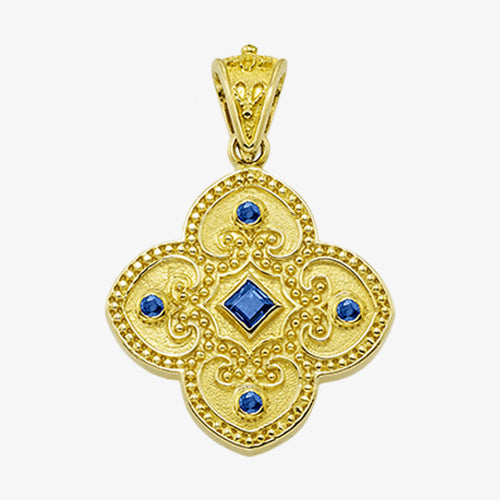 18K Solid Yellow Gold Cross with Sapphire, Emerald or Ruby stones