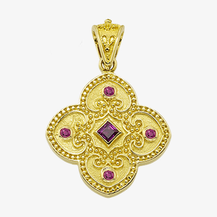 18K Solid Yellow Gold Cross with Sapphire, Emerald or Ruby stones