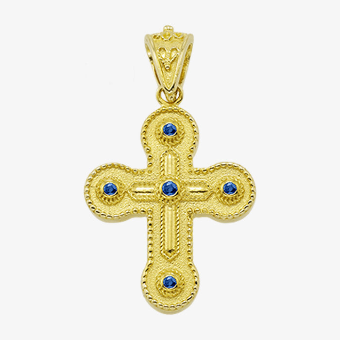 18K Solid Yellow Gold Cross with Sapphire, Emerald and Ruby stones