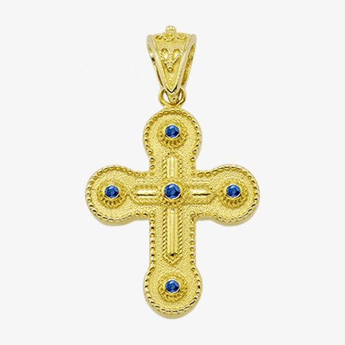 18K Solid Yellow Gold Cross with Sapphire, Emerald and Ruby stones