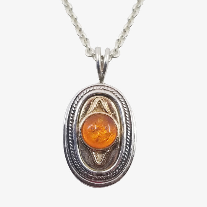 Sterling Silver and 14K Gold Pendant with Amber Stone