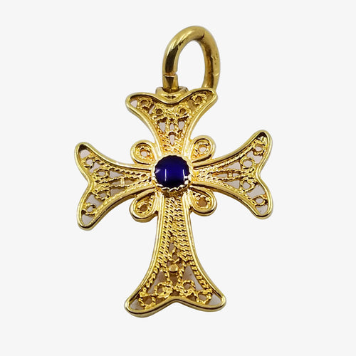18K Gold Cross Filigree Style, Navy Blue Center Stone