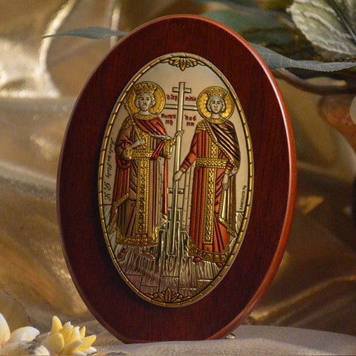Italian Silver Greek Orthodox Saints Constantine and Helen Icon