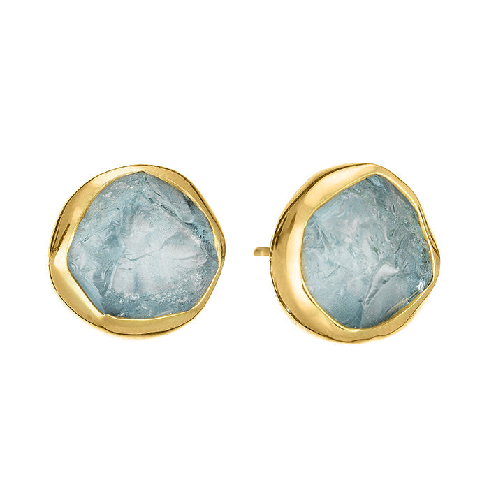 18K Yellow Gold Earrings with Rough Cut Aquamarine or Rubelite Tourmaline stones