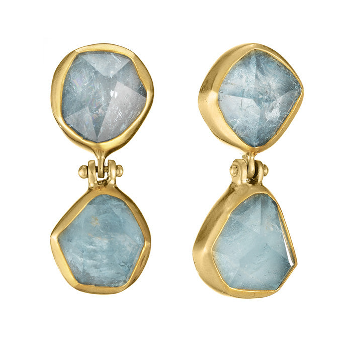 18K Yellow Gold Earrings with Hand cut and Rough cut Aquamarine stones