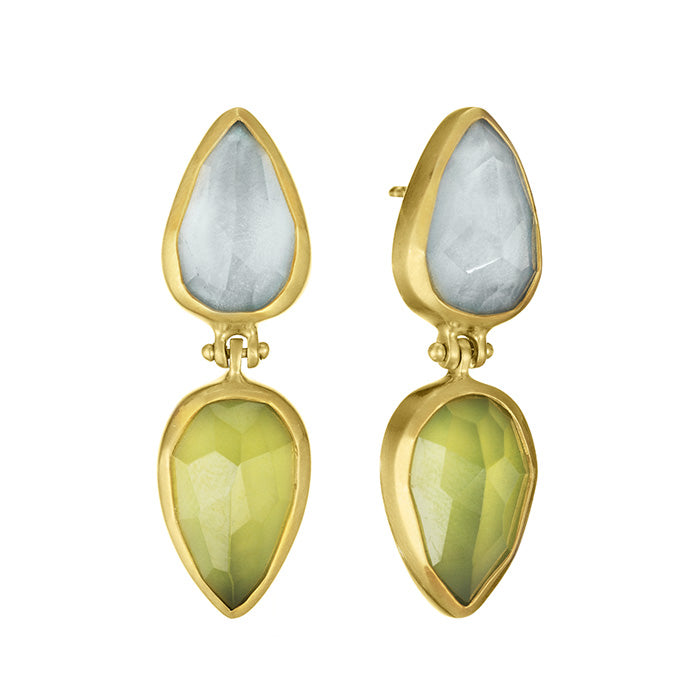 18K Yellow Gold Earrings with Hand cut Peridot and Aquamarine stones