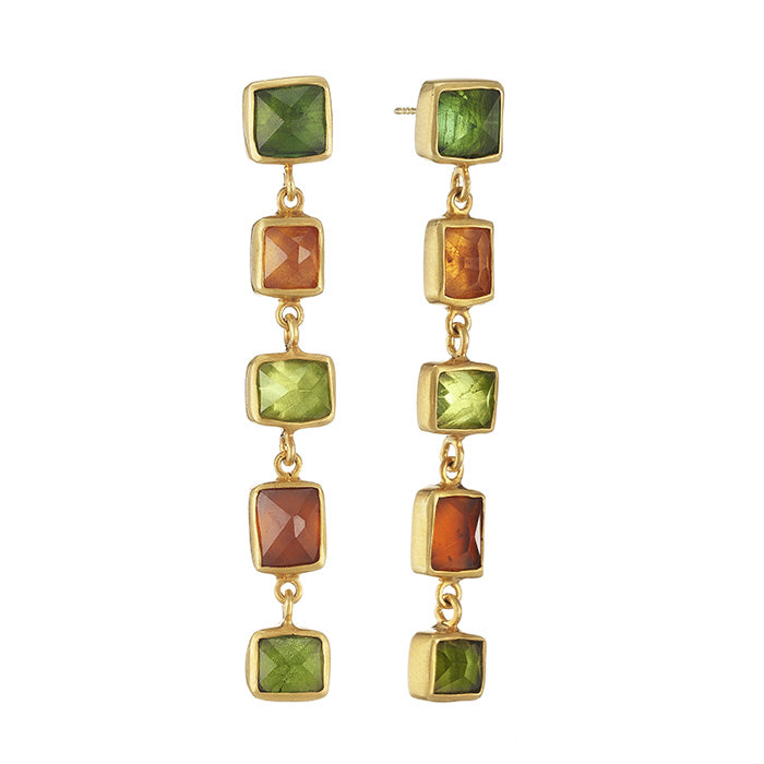 18K Yellow Gold Earrings with Green Tourmaline, Citrine, Peridot and Mandarin Garnet stones