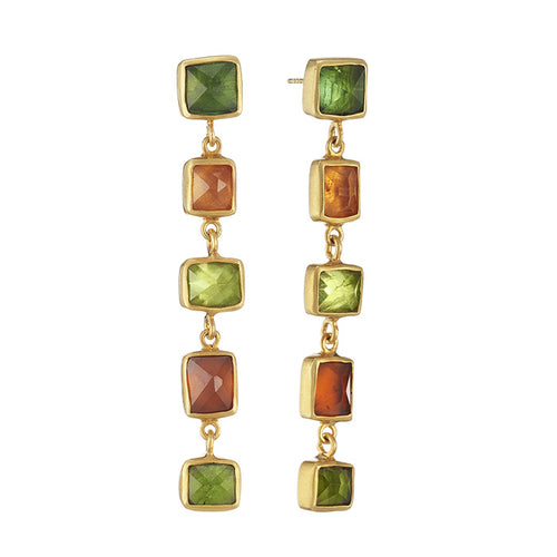 18K Yellow Gold Earrings with Green Tourmaline, Citrine, Peridot and Mandarin Garnet stones
