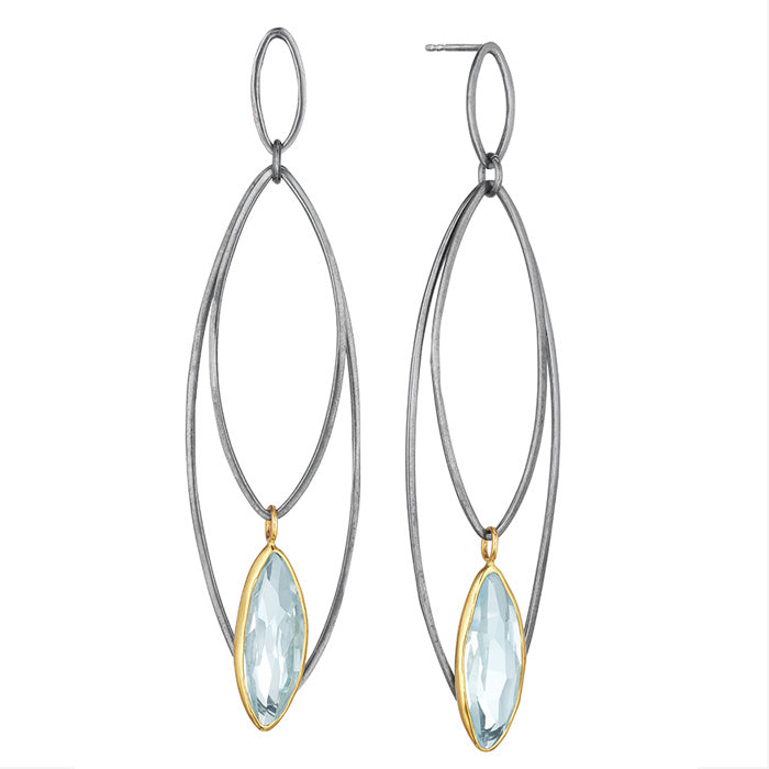 18K Yellow Gold Earrings with Blackened Silver and Hand cut Aquamarine stones